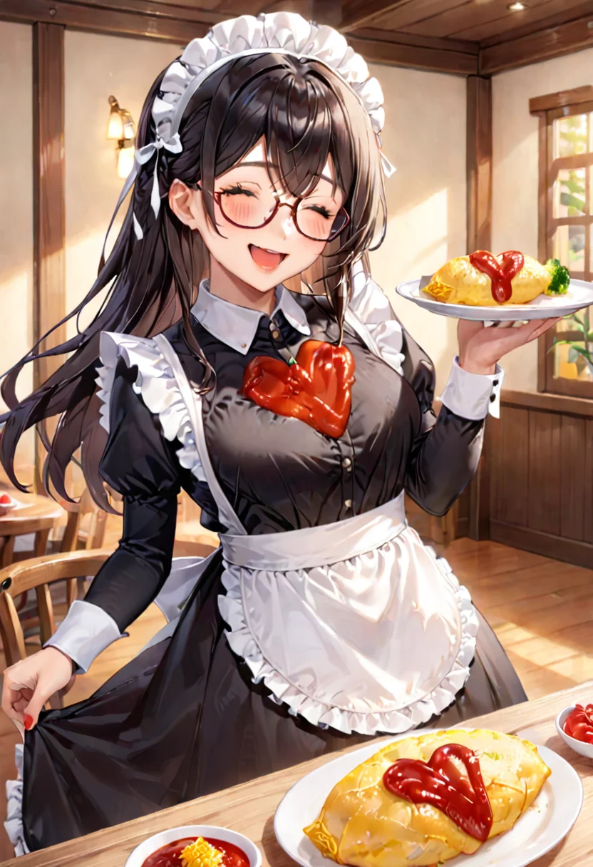 masterpiece, best quality, very aesthetic, absurdres,
1girl, solo, glasses, black hair, long hair, maid headdress, maid, maid apron, black dress, happy, smile, looking at viewer, closed eyes, open mouth, standing, holding tray,
BREAK
omurice_heart, still life, food focus, plate, food, heart, ketchup, ketchup in a heart shape, wooden table,
<lora:omurice_heart_SDXL_V1:1>