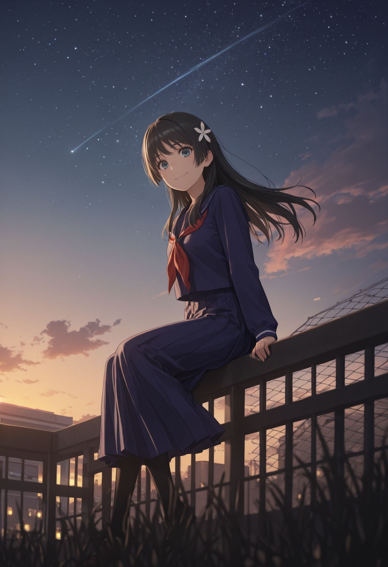 masterpiece,amazing quality,best quality,ultra-detailed, 1girl,sky,star (sky),scenery,starry sky,outdoors,cloud,sitting,(knee_up:0.8),looking at viewer,lonely,sunset,solo,blurry,depth of field,iron fence,building,blurry foreground,wide shot,wind, smile,, dynamic angle,
 <lora:Saten Ruiko illu:1> 1girl, long hair, black hair, hair ornament, hair flower, blue eyes, sakugawa school uniform, winter uniform, blue serafuku ,red neckerchief blue sailor collar, blue skirt, blue shirt, long sleeves, long skirt