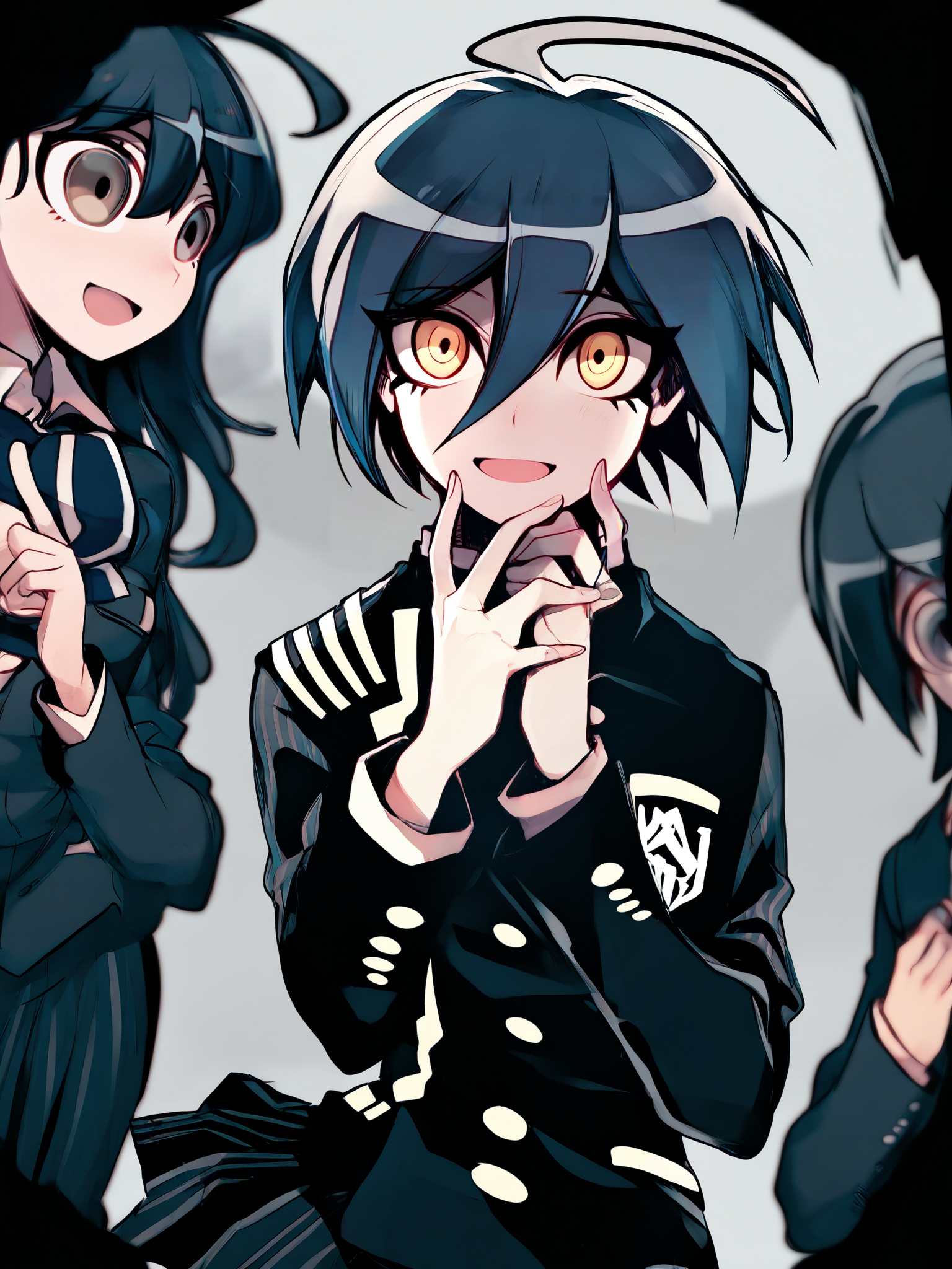 1girl, standing, looking at viewer, Masterpiece, Best Quality, Best Score, Best Anatomy, solo focus, solo female,
 <lora:[mako gai] Artist Style IllustriousXL:1>,long sleeves, looking at viewer, hair between eyes, smile, short hair, long hair, ahoge, school uniform, saihara shuichi, :d,