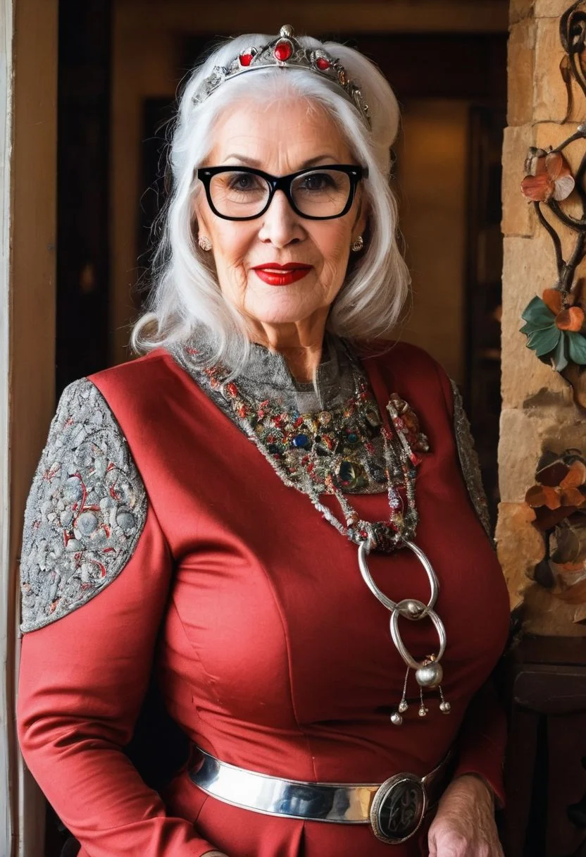 gilf 60-Plus huge saggy boobs, very hairy vagina, high heels stilettos, sixty years old, pierced nipples with large silver rings, voluminous black hair, hair bun, heavy makeup, full body, natural lighting,  glasses, nerd, red lips, on all fours, dressed like a medieval princess