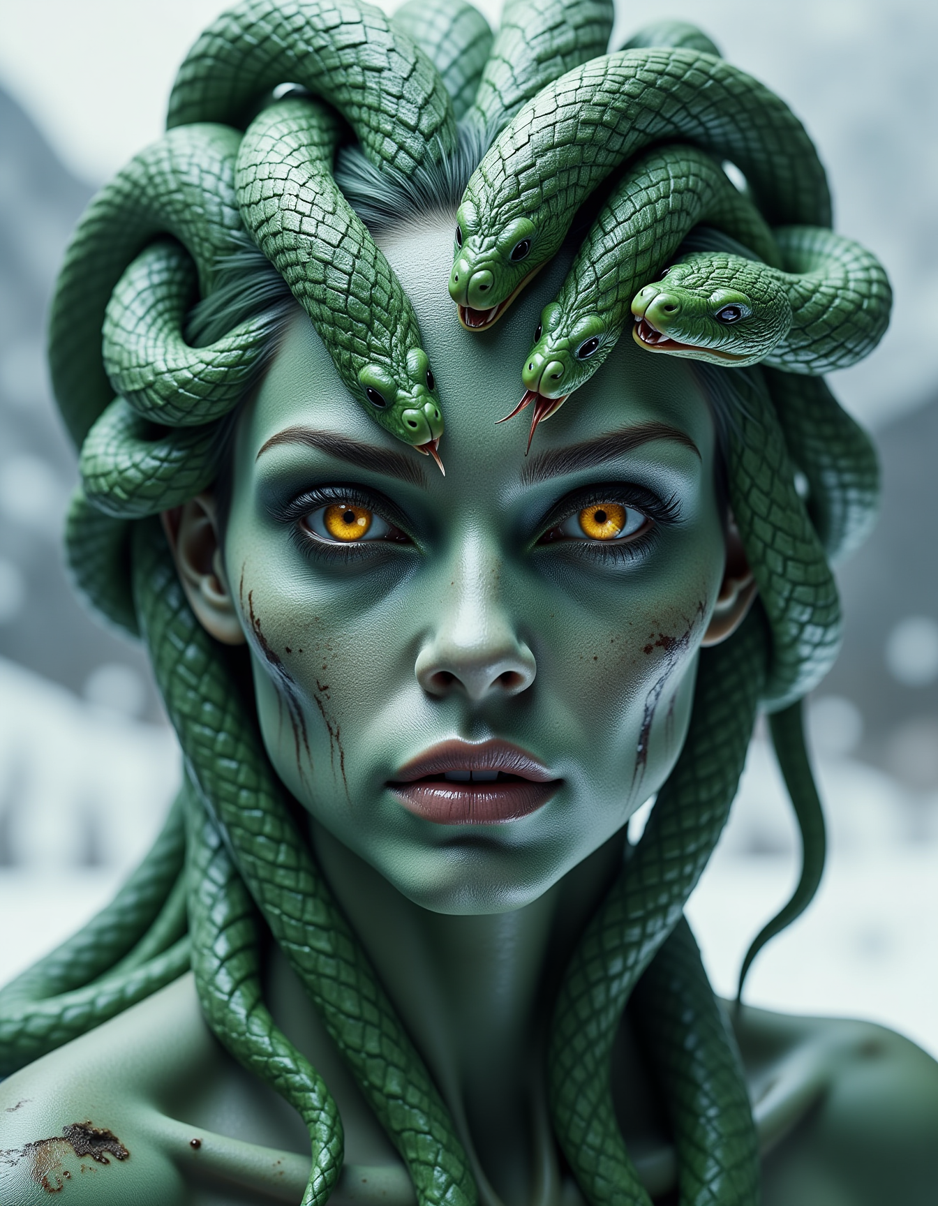 surreal rendition of Medusa of biomechanical origins facing the viewer, a woman with green coiling snakes with exaggerated smiles emerging as hair and yellow eyes, marble skin texture, corrupted D&D style, fantasy, digital art, studio lighting, intricate details, artistic, close-up,  dynamic composition, intense, luxurious, great composition, shiny, snowy mountain background <lora:Dever_Flux_Enhancer:0.5>