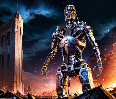 apocalypse buildings in ruins destroyed, night sky, full body shot (Realisitc:1.5) man terminator, <lora:EdobTerminator_v1.0:0.8>