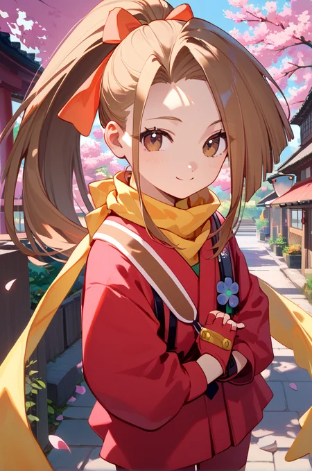 score_9, score_8_up, score_7_up, very aesthetic, source_anime, detailed,
japanese village, sakura tree, flower petals,
cowboy shot,
light smile, looking at viewer,
adjusting gloves,
1girl, flat chest, petite female,
<lora:suzu_autismConfetti_v01:1>suzuBase, brown hair, brown eyes, long hair, high ponytail,
light red suit, yellow scarf, fingerless gloves, brown footwear,, zPDXL