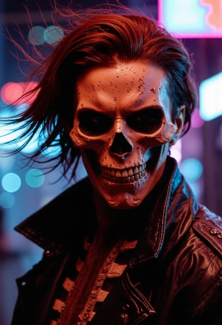 Create an ultra-realistic, close-up portrait of a cyberpunk skeleton assassin wearing a black biker leather jacket with a high collar, captured in breathtaking detail. His long, disheveled hair flows dramatically in the wind (long-hair:1.4). The skeletal face is illuminated with a soft, ominous glow, grinning menacingly at the camera with an evil, confident expression. The scene is infused with atmospheric haze, enhancing the cinematic composition, with soft, moody shadows that carve depth into every element of the image. The lighting is dynamic and captivating, blending vibrant neon highlights with subtle contrast, creating an otherworldly yet grounded feel. The assassin stands against a richly detailed cyberpunk background, with blurred, colorful lights and urban textures. Captured with the precision of a Leica Q2 Summilux 35mm f/1.2 ASPH lens, the shot is in 8K Ultra HD, with hyper-detailed textures and impeccable focus on every element—from the intricate bone structure to the leather jacket's glossy texture. This masterpiece radiates intensity and raw power, perfect for a high-quality wallpaper. Every element is rendered in stunning UHD, with vibrant tones, complex layers of detail, and a film-like, epic composition that immerses the viewer completely. Hyperrealistic and cinematic, this image sets a new standard for visual storytelling.