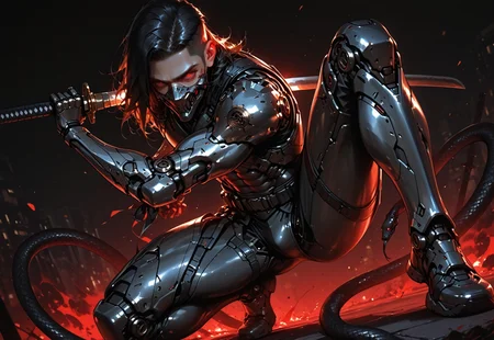 score_9, score_8_up, score_7_up, masterpiece, best quality, high quality, newest, highres, 8K, HDR, absurdres, modern, newest, realistic, ((low-key, dark shot)), male focus, legs focus, red, deep blue, front view, (distant shot), full body, 1man, cyborg, bent one knee, stands on one knee, ((one leg straight)), one leg extended to the side, leg-split, spread legs, leaned, adult, thin, cute, sweet, looking at viewer, holding katana, fighter, fighter pose, masculine, (black hair, sidecut hair, medium hair), metallic jaws, metallic ears, red eyes, glowing eyes in the dark, metallic neck, metallic body, metallic abs, metallic chest, metallic arms, metallic legs, metallic hips, metallic hands, metallic mouth mask, katana, katana blade, black metal, beautiful scaled metallic gear, large black snakes around him, tied with snakes, black background, dark background, realistic skin, dynamic angle, dynamic pose, dynamic lighting, intricate, a lot of details, urban, soft, neon