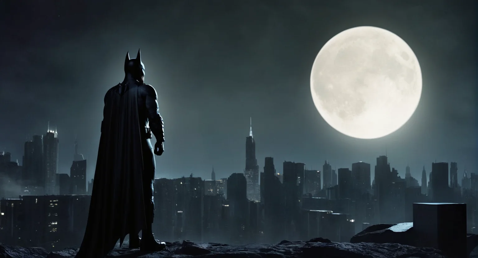 concept art of Cinematic Film stock footage in (arri alexa style) Kodak film print, <lora:Batman Beyond:1> Batman Beyond a man in a stealth dark batman costume standing in front of a full moon, digital artwork, illustrative, painterly, matte painting, highly detailed