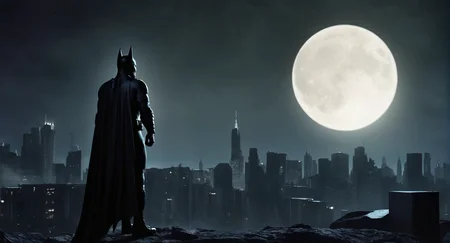 concept art of Cinematic Film stock footage in (arri alexa style) Kodak film print, <lora:Batman Beyond:1> Batman Beyond a man in a stealth dark batman costume standing in front of a full moon, digital artwork, illustrative, painterly, matte painting, highly detailed