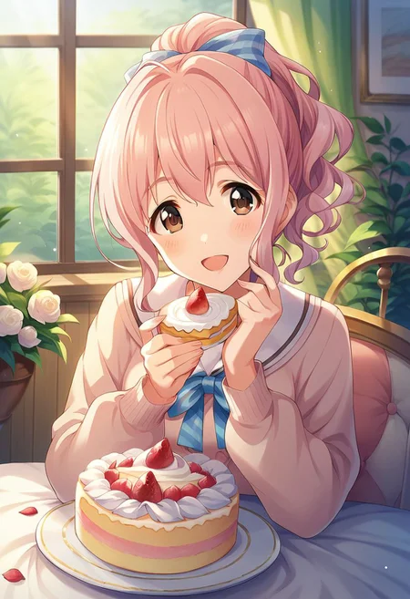 score_9, score_8_up, score_7_up,saionji kotoka, pink hair, brown eyes, 1girl, solo, food, cake, open mouth, smile, looking at viewer, hair bow, bow, blush