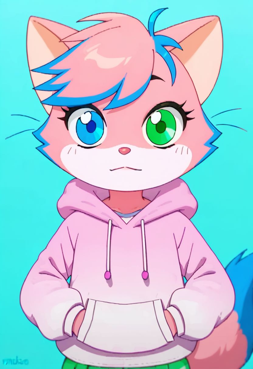 score_9, score_8, score_7, alphalexa, vtuberhoodie, heterochromia, green eyes, blue eyes, pink hair, blue hair