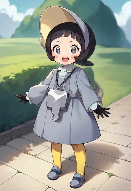 score_9, score_8_up, score_7_up, source_anime, masterpiece, 1girl, ctianpoppy,  grey dress, long sleeves, grey eyes, bonnet, yellow pantyhose, necklace, black gloves, blush stickers, looking at viewer, grey shoes, outdoors, open mouth, smile, <lora:r_Poppy ãã_pokemon_pony_ct:0.8>