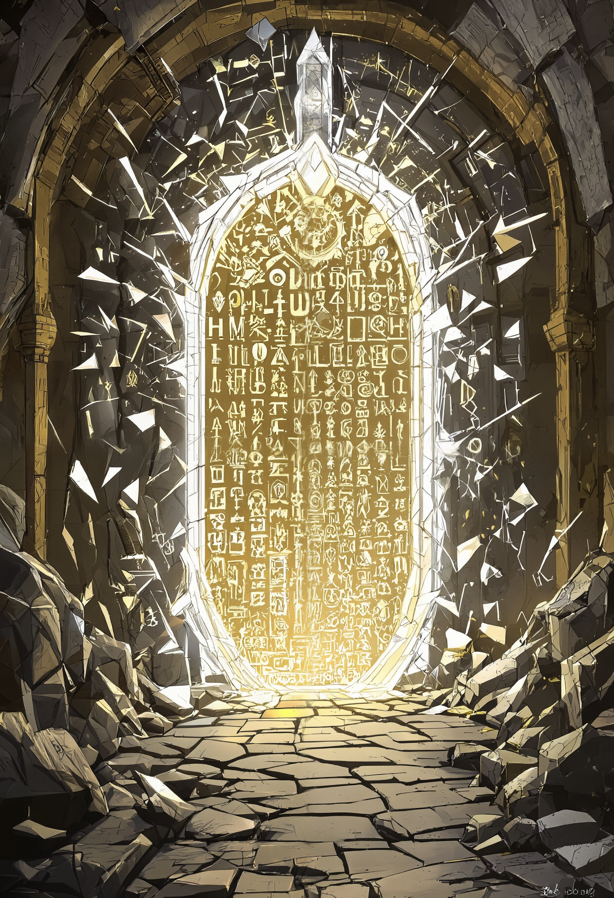 You are an assistant designed to generate superior images with the superior degree of image-text alignment based on textual prompts or user prompts.  <Prompt Start> A fairy-tale fantasy concept design showing a crystal portal made of shattered metal full of a multitude of arcane runes. Inside of a forgotten vault. A sense of fear is permeating the scene. The concept design's style is dreamlike, mystical and legendary. The color scheme is characterized by white and gold hues.