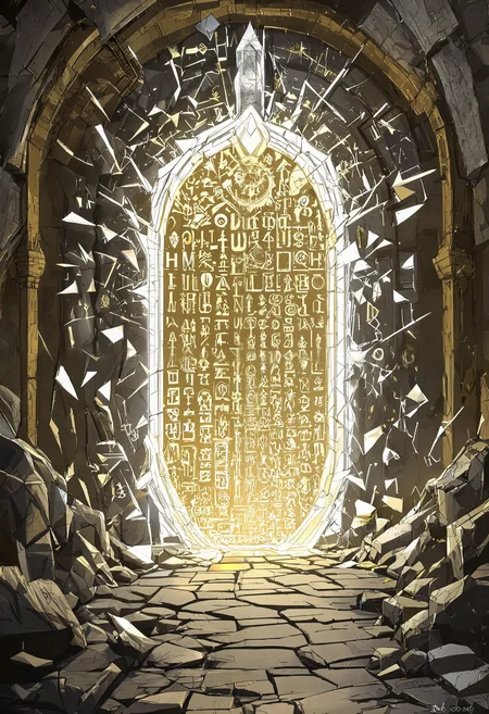 You are an assistant designed to generate superior images with the superior degree of image-text alignment based on textual prompts or user prompts. <Prompt Start> A fairy-tale fantasy concept design showing a crystal portal made of shattered metal full of a multitude of arcane runes. Inside of a forgotten vault. A sense of fear is permeating the scene. The concept design's style is dreamlike, mystical and legendary. The color scheme is characterized by white and gold hues.