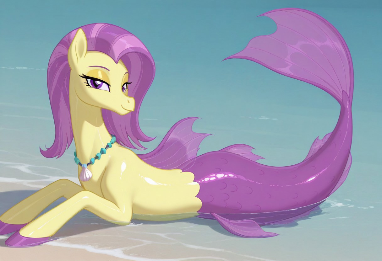 (masterpiece:1.2), (best quality:1.2), (very aesthetic:1.2), (absurdres:1.2), (detailed background), newest, sharp focus, perfect light, dynamic light, natural light, (best quality), my little pony, ocean flow, solo, water, purple eyes, 1girl, shell necklace, jewelry, no humans, purple hair, yellow skin, fins, looking at viewer, lidded eyes, yellow eyeshadow, dutch angle, shiny skin, glossy skin, shiny hair, glossy hair, full body, lying on back, beach, in water, siren, hippocampus, mermaid tail