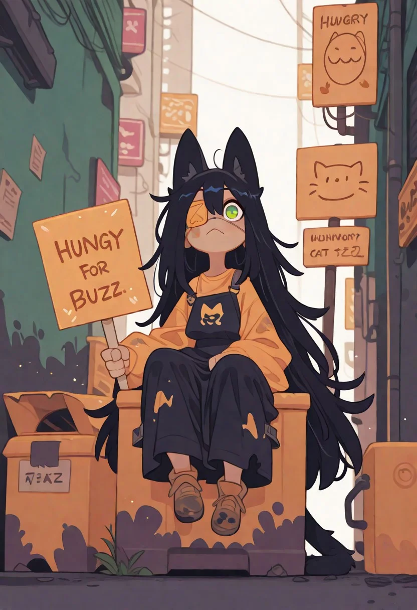 Woman. Demihuman cat. Black messy long hair. Green eyes. Eyepatch over left eye. Cat ears and tail. Dirty. Alleway background. Sitting in a dumpster. Old clothes. Alley background. (holding sign saying ("Hungry for BUZZ")