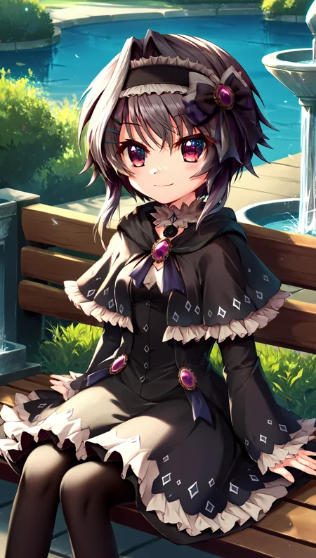 zPDXL2, rating_safe, source_anime, 4k quality, detailed background, detailed eyes, outdoors, fountain, sitting on bench, smile, (looking away), cowboy shot, <lora:yuuki-noa-xl-08:1>, yuuki noa, black yukihana casual outfit, black capelet, yukihana headband, black tights, small breasts, long sleeves,