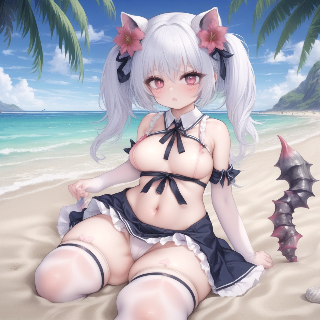 thighhighs, twintails, penis, navel, flower, heterochromia, beach, breasts, cleavage, animal ears