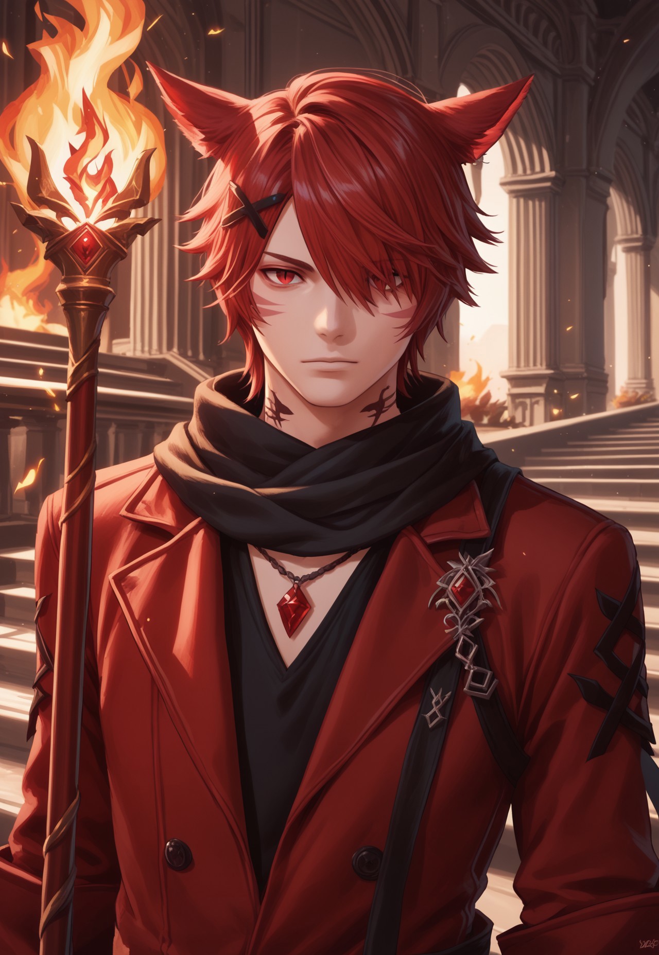 dt_xiv_style, solo, looking at viewer, short hair, hair ornament, red eyes, 1boy, animal ears, jewelry, upper body, male focus, red hair, indoors, cat ears, necklace, scarf, hair over one eye, tattoo, swept bangs, facial mark, fire, x hair ornament, slit pupils, staff, red jacket, pendant, crystal, stairs, black scarf, miqo'te, pillar, weapon on back, cat boy, neck tattoo, torch, arch, score_9, score_8_up, score_7_up, score_6_up, score_5_up, score_4_up,