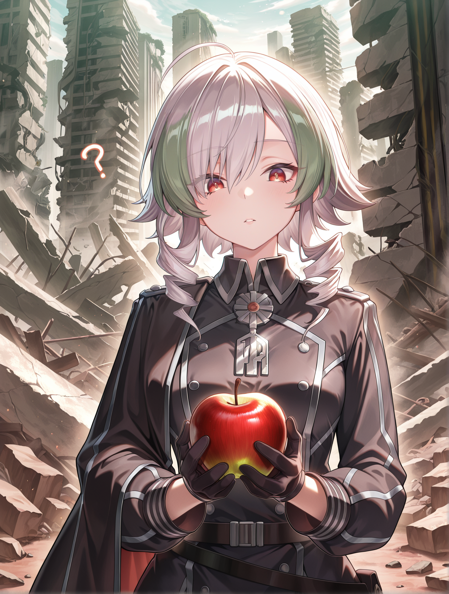 1girl,sky striker ace - camellia,black military uniform,right side cape,black gloves,looking at viewer,solo,parted lips,silver medal,apple,holding apple,looking down,?,facing viewer,looking_apple,outdoors,ruins,
masterpiece,best quality,amazing quality,very aesthetic,absurdres,newest,<lora:sky striker ace - camellia and azalea illusXL v2:0.75>,