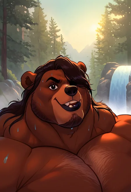 score_7, score_8. score_9, dynamic lighting, detailed background, waterfall background, anthro, furry, bear, amzn_mscles, muscular, headshot, portrait, detailed eyes. detail face
BREAK
Koda, Brother Bear, anthropomorphic bear, Massive Muscles, Massive Deltoids, Massive trapezius, Massive Pecs, extremely hairy, long hair, brown hair, wavy hair, hair covering one eye, wet fur, wet hair, big black lip, giant lip, goatee black lipstick, black eye shadow, hyper muscles, heavy brow, wide jaw, brute face, long snout
BREAK
Smirk, smiling at viewer