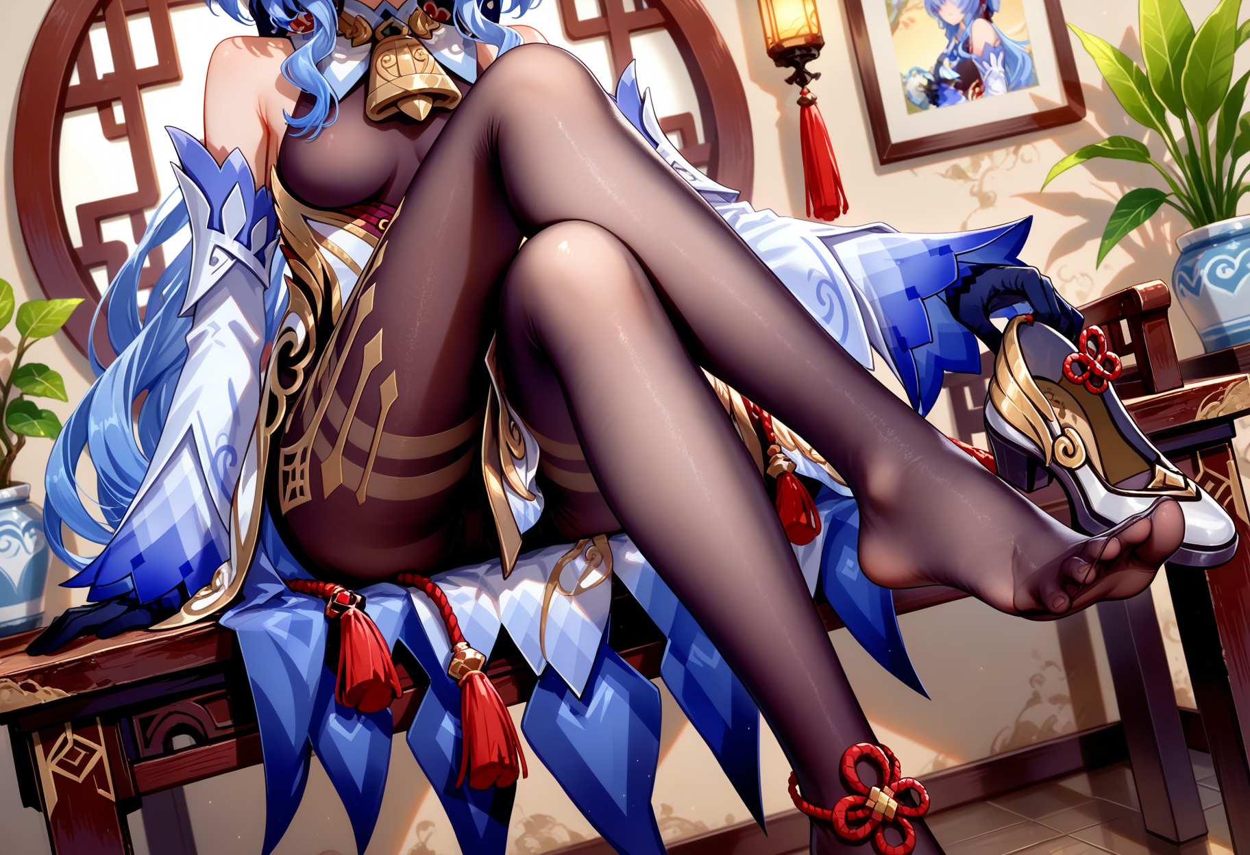 masterpiece, very aesthetic, best quality, newest, absurdres, highres, very awa,Highly detailed,foreshortened,
BREAK
ganyu \(genshin impact\), 1girl, head out of frame,foot focus, soles,long toenails,unweared high_heels,slender, black hair,long hair, no shoes,  long legs,  crossed legs,pantyhose, see-through legwear, shiny skin, spread toes, plantar_flexion,
potted plants,innocent, sitting,arms at sides, holding shoe
