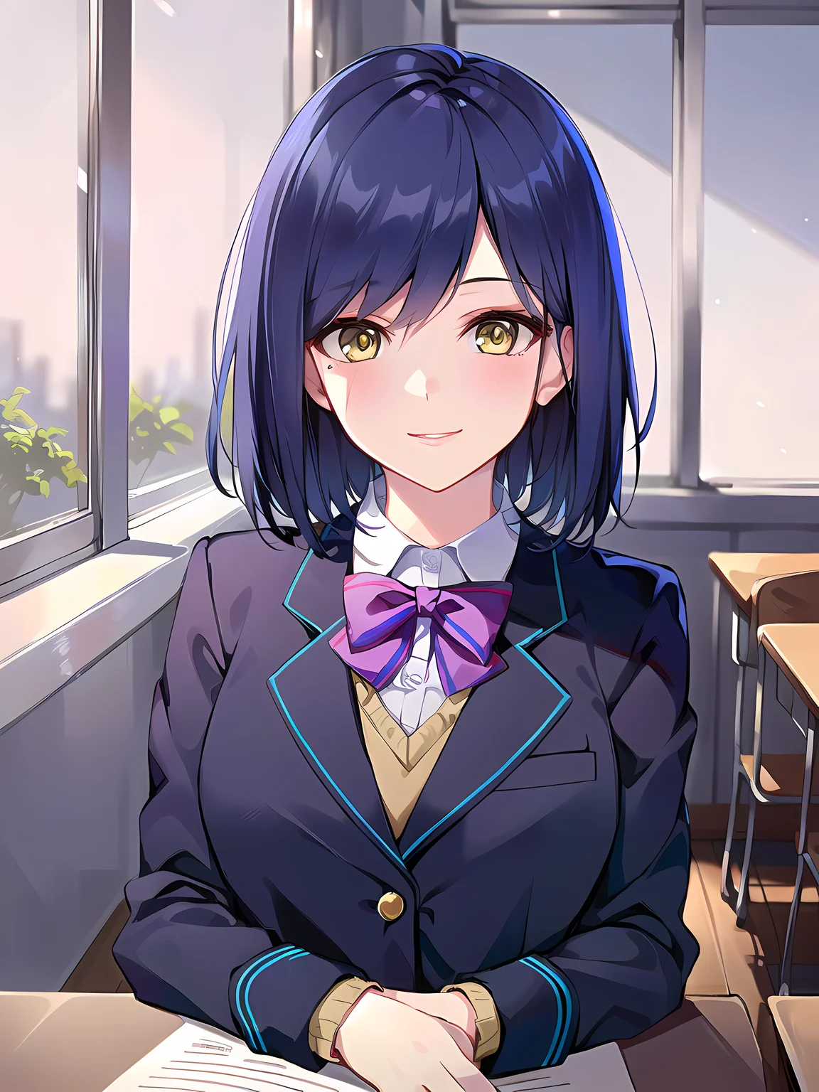 modelshoot style, (masterpiece:1.3), (absurdres:1.3), (best quality:1.3), (8K), (large masterpiece digital art), (detailed manga illustration), (handled hair), pureerosface_v1, perfect anatomy, (sharp eyeliner, eyeshadow, detailed eyes:1.1), (intricate details:1.3), (ultra-detailed:1.3), (illustration:1.3), (sharp focus:1.3), (natural lighting:1.05), (vivid colors:1.3), BREAK <lora:shizukaRinNijisanji_v1:0.7>, shizurin, 1girl, shizuka rin, solo, large breasts, school uniform, lips, yellow eyes, pleated skirt, purple bow, short hair, blazer, blue hair, purple pantyhose, long sleeves, mole under eye, bangs, bowtie, white shirt, black jacket, purple bowtie, collared shirt, black skirt, sweater, blue jacket, miniskirt, upper body, portrait, facing viewer, close-up, pov, light smile, closed mouth, BREAK indoors, classroom, window, sunlight, wooden floor,