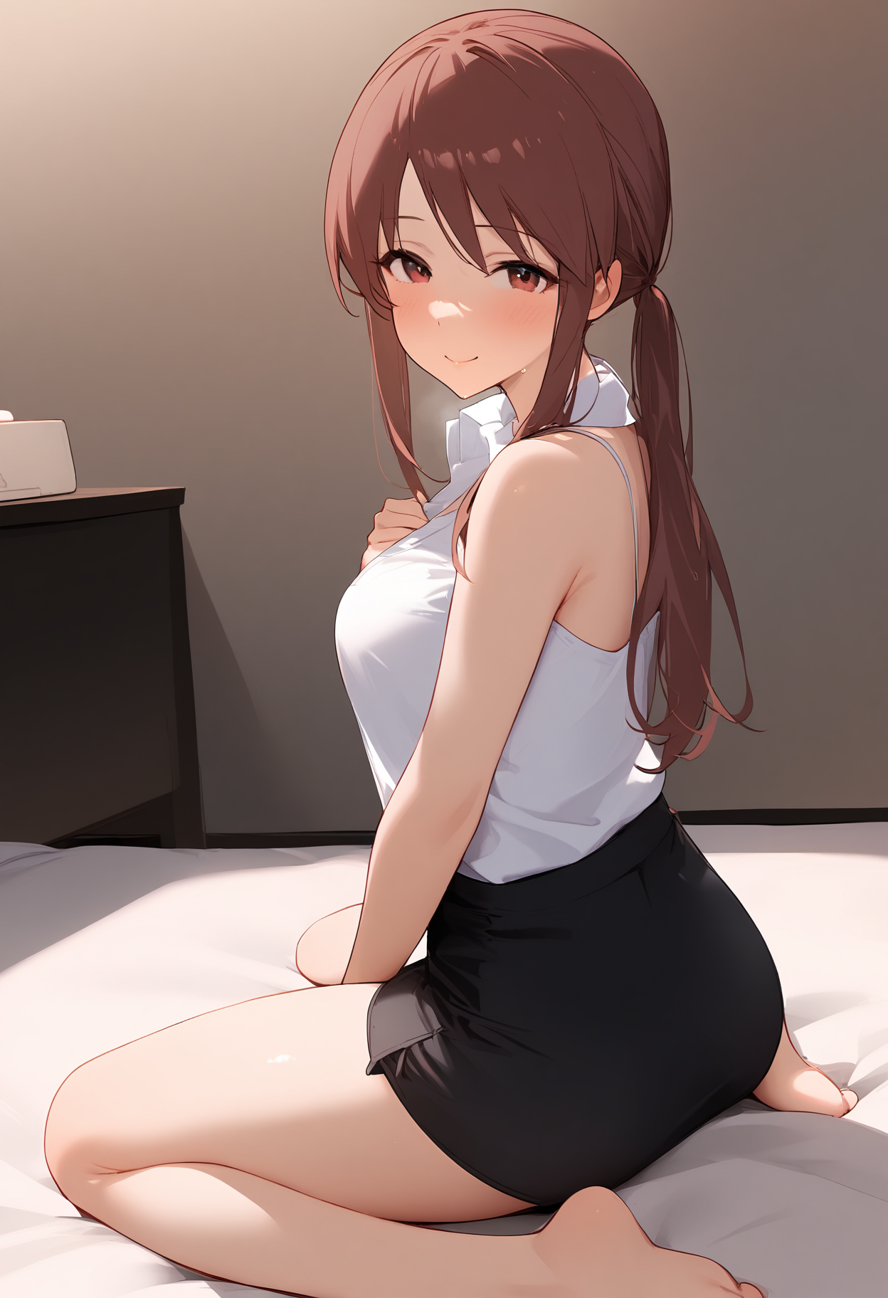 1girl,looking at viewer,mifune miyu,smile,solo,blush,bare shoulders,pencil skirt,shirt,wariza,barefoot,<lora:a31_char_new_mifune_miyu:1>masterpiece, best quality, absurdres<lora:a31_style_koni-000010:0.8>