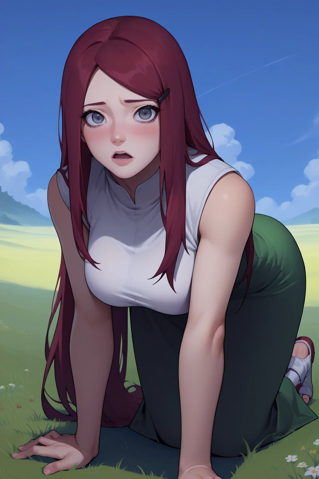 score_9, score_8_up, score_7_up, score_6_up, source_anime, 1girl, solo, <lora:kushina-pdxl-nvwls-v1-000004:1> kshna, red hair, long hair, hairclip, white shirt, green dress, sleeveless, long dress, grey eyes, big breasts, all fours, from side, hips, looking at you, toeless footwear, blush, chestnut mouth, field, grass, blue sky
