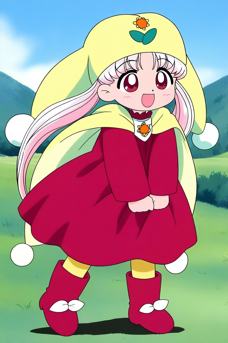 general,highres, ultra-detailed,very aesthetic,best quality ,best hands, BREAK <lora:Princess_Silver_Crayon_Oukoku_Ver2.0_IS:1>
Silver_Oujo(Crayon_Oukoku), 1girl, solo, long hair, white hair, pink hair, red eyes,
yellow headwear, twintails, parted bangs,
red dress, boots, pom pom (clothes),Yellow pantyhose,
smile, happy,
full body, open mouth, red dress, :d, 
long sleeves, red footwear, v arms, 
hair bun, standing,
grass, sky, fantasy,