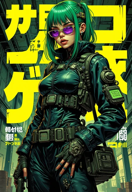 Japanese Manga style Poster with bold large fonts and graphics, A Brazilian old female ranger lime medium armor. Deep green hair one side cut, purple eyes, tan skin, Gothic intense high tech glasses with computer codes, makeup, eyeliner, eyeleashes, Brown gloss lips, inside a infested building, light city down, Full body, heels, bag, rifle with grenade launcher, inside a Dark room