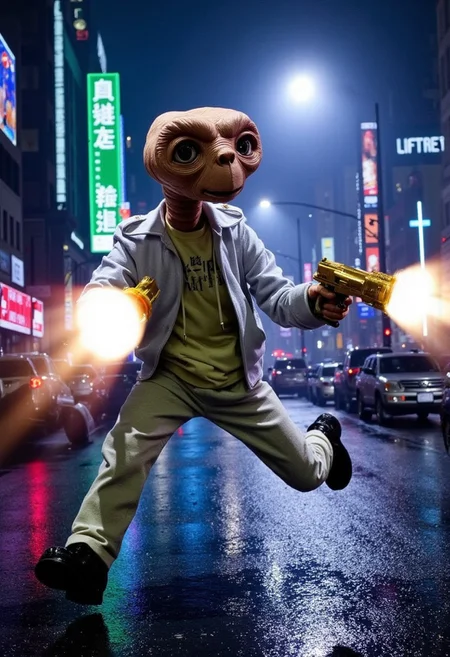alien(E.T.) Create an action scene in a futuristic city, the protagonist of the scene jumps towards the viewer from the side shooting with two golden pistols, the bullets are seen in bullet time along with a rear explosion and hundreds of sparks and objects flying through the blurred environment, neon lights and rain, cinematographic style scene, action movie, futuristic cyberpunk clothing with neon lights,full body,epic photography,dramatic light,Hollywood Cinematic Film style