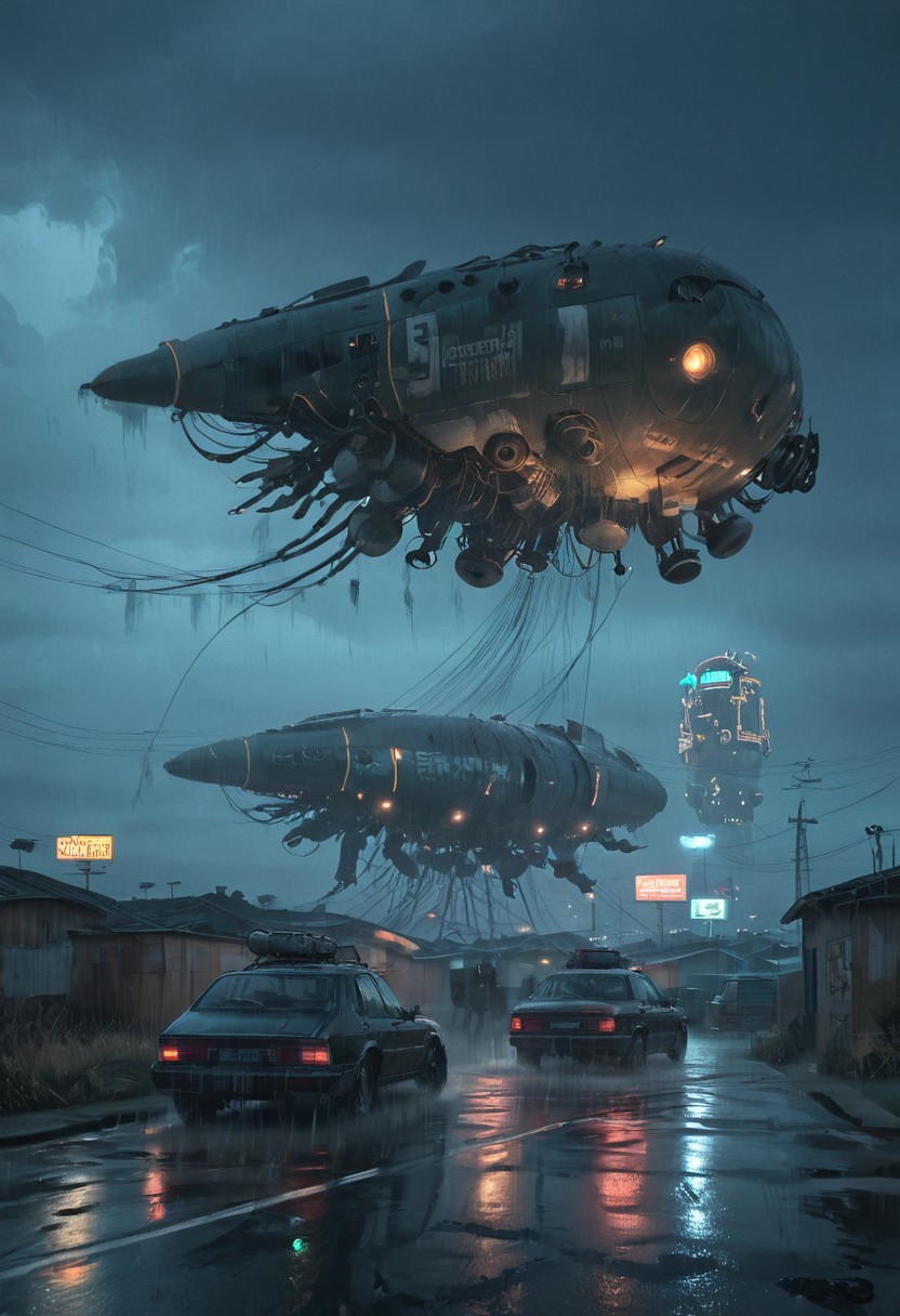 by Peter gric, H.R Giger, by Florent Desailly, ((the electric state by Simon Stalenhag)),
horror, post apocalyptic, futuristic, (HD, photorealistic, dramatic lighting, intricate details, biomechanical patterns, powerful, cinematic, masterpiece),
cyberpunk city, car with lights on, raining, bloated blimps with searchlights,