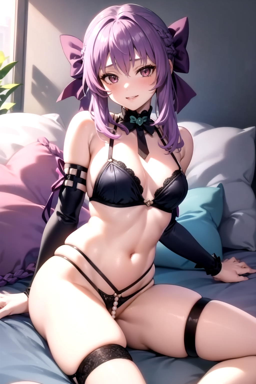 best quality, masterpiece,  1girl, pearl thong, thong,  Shinoa Hiiragi, purple hair, braided hair,purple ribbon