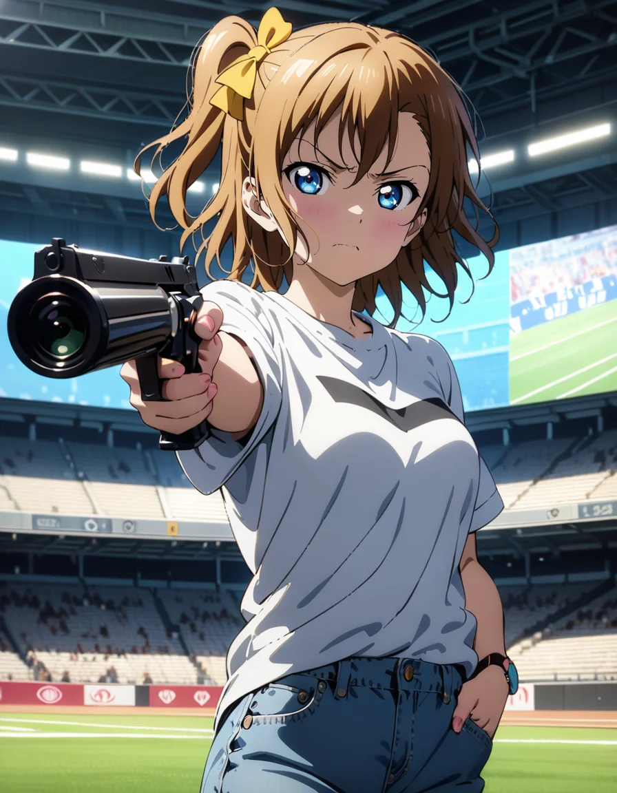 masterpiece, best quality, ultra detailed, highres,4k,(ultra-detailed:1.4) (illustration:0.5), (ray tracing,:0.8),(anime colored:0.7),(ai-generated:0.5), (anime screencap:0.2),
1girl,solo,
kousaka honoka, love live!,blue eyes,
casual wear,pants,
angry,
<lora:mukakinojisanXL1:0.8>,mukakinojisan,
hand in pocket,holding gun, aiming,standing, aiming at viewer,
looking to the side,
stadium,audience,indoor,