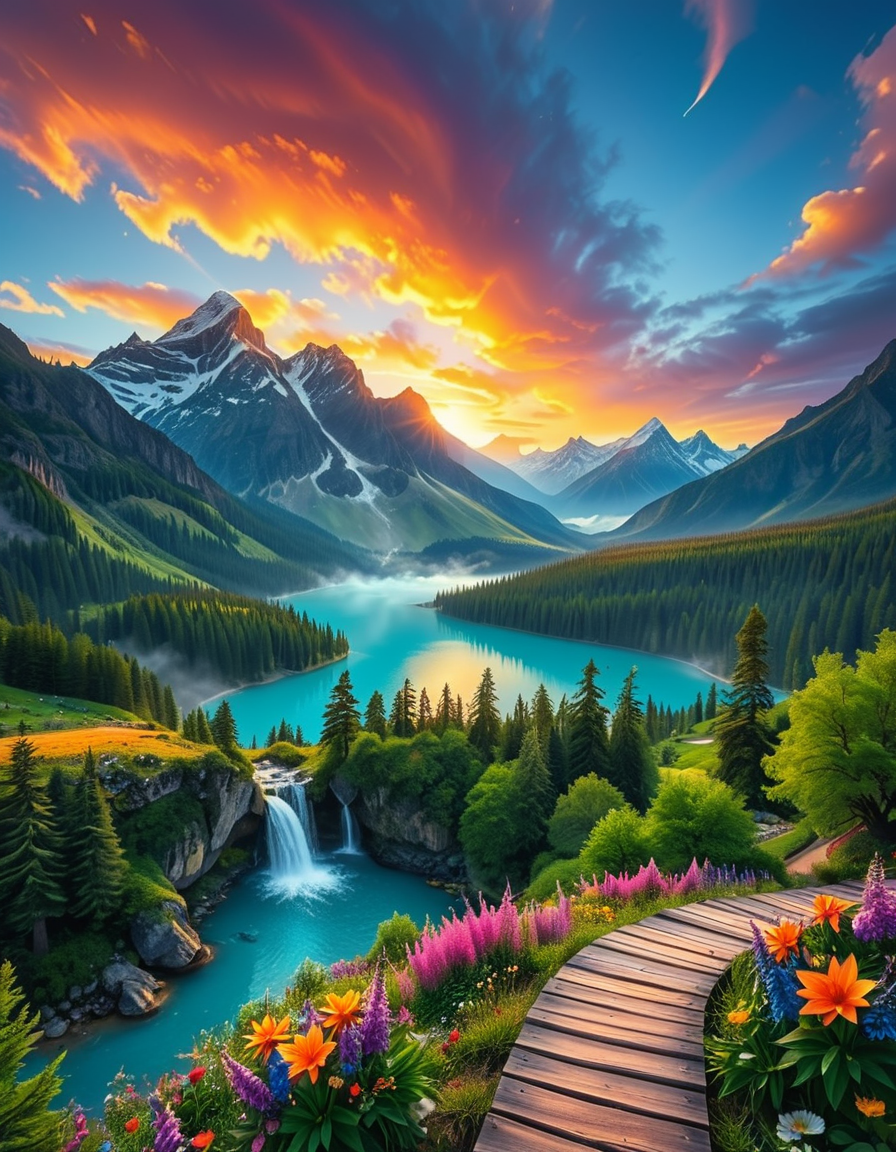 A breathtaking, high-resolution photograph of the most beautiful place on Earth, where natureâs wonders blend in perfect harmony. Towering, snow-capped mountains rise majestically in the background, their peaks glowing under the golden hues of a setting sun. Below, a crystal-clear turquoise lake reflects the colors of the sky, surrounded by lush, green forests filled with ancient trees, vibrant wildflowers, and cascading waterfalls. A soft mist rises from the valley, adding a dreamlike quality to the scene. In the distance, rolling meadows stretch toward the horizon, dotted with colorful flowers and serene wildlifeâgraceful deer grazing, birds soaring in the sky, and butterflies dancing in the breeze. A wooden footpath winds through the landscape, leading to a secluded, tranquil spot where the beauty of nature can be fully admired. The air is crisp and filled with the soothing sounds of rustling leaves, flowing water, and distant birdsong. The sky above is a masterpiece of colorsâdeep oranges, purples, and pinks blending seamlessly as the sun sets, casting a magical glow over this untouched paradise. The atmosphere is peaceful, awe-inspiring, and filled with a deep sense of wonder and tranquility, as if stepping into a perfect dream.
<lora:SDXLFaeTastic2400:0.4> <lora:extremely_detailed:0.4> extremely detailed, <lora:Earth_P4r4d1s3:1>,Earth P4r4d1s3, Masterpiece,best quality,hi res,8k,hi res,8k,award winning,(sharp focus, intricate, highly detailed),