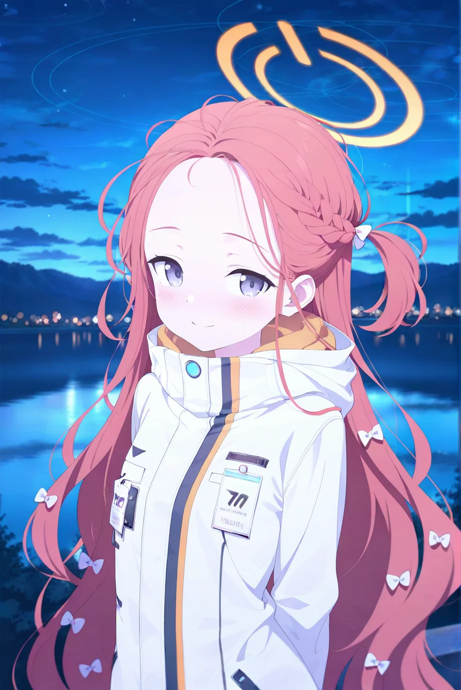 (1girl:1.1),solo,looking at viewer,blue archive animation style,looking_at_viewer,smile,Cinematic Lighting,(blurry:1.2),upper_body,blush,like it,arched_back,<lora:Blue Archive Animation Style:0.8>,night,(sky:1.1),high,(lake:1.2),front view,arms behind back,school_uniform,yuzu \(blue archive\),, masterpiece,best quality,amazing quality,