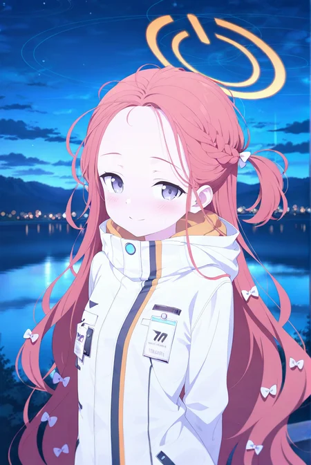 (1girl:1.1),solo,looking at viewer,blue archive animation style,looking_at_viewer,smile,Cinematic Lighting,(blurry:1.2),upper_body,blush,like it,arched_back,<lora:Blue Archive Animation Style:0.8>,night,(sky:1.1),high,(lake:1.2),front view,arms behind back,school_uniform,yuzu \(blue archive\),, masterpiece,best quality,amazing quality,
