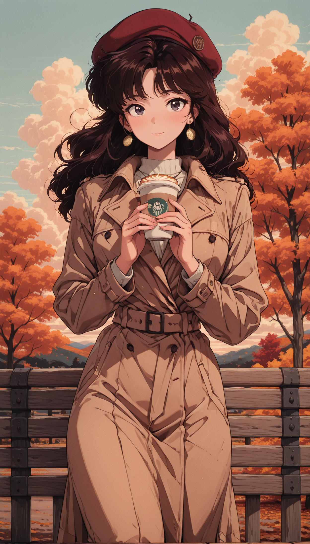 1girl, beret, trench coat, latte, outdoor café, cloudy sky, autumn, elegant pose masterpiece, best quality, amazing quality, very aesthetic, absurdres, detailed eyes, newest, <lora:PinkieRetroAnimeIL:1>, pinkretroanime, retro art,