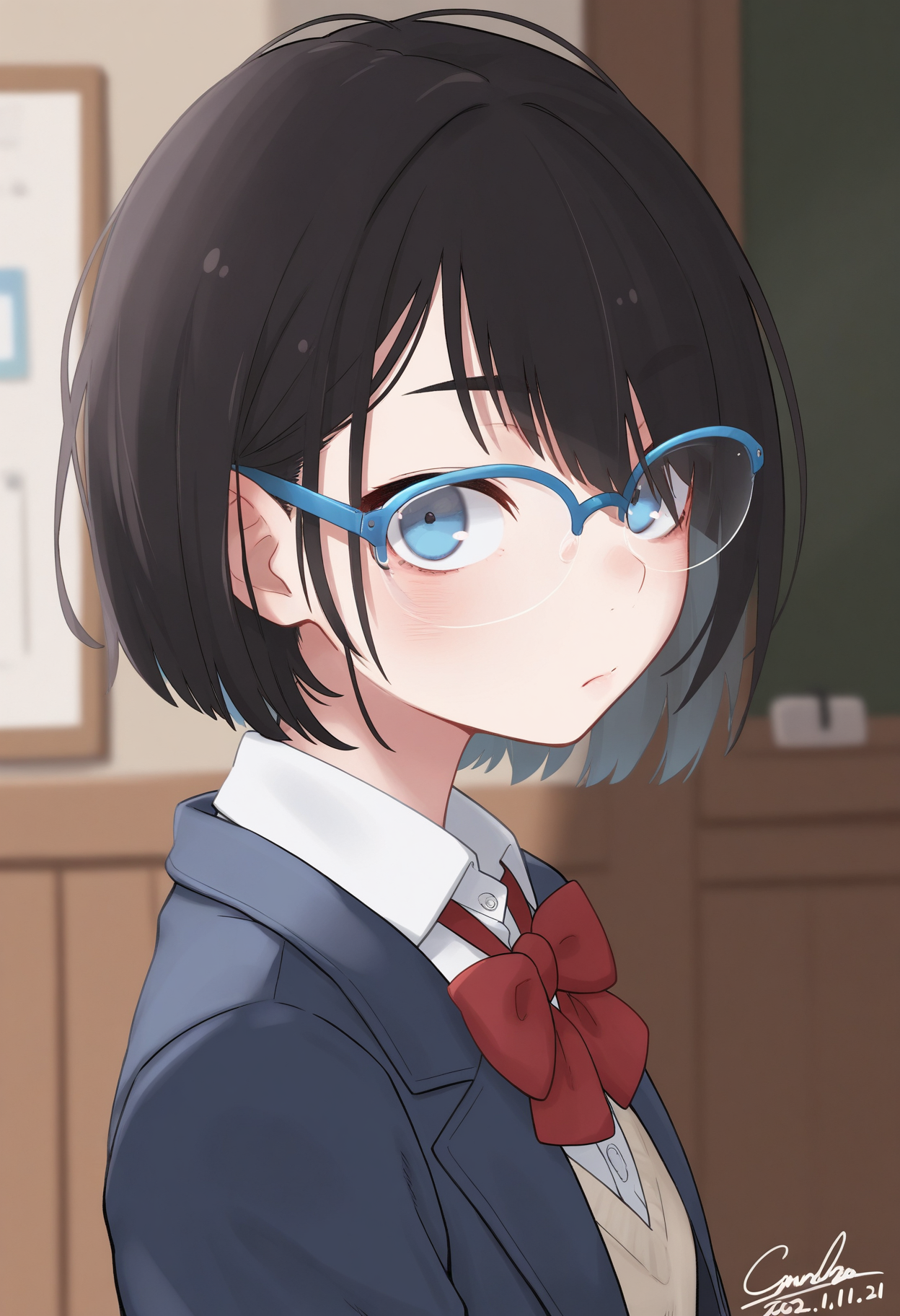 masterpiece,best quality,amazing quality,
1girl, solo, glasses, red bow, bow, looking at viewer, black hair, blue eyes, upper body, jacket, bangs, dated, looking to the side, closed mouth, shirt, white shirt, blue jacket, school uniform, blazer, blue-framed eyewear, red bowtie, short hair, bowtie, signature, semi-rimless eyewear, from side, collared shirt, over-rim eyewear,
 <lora:Rawell-000008:1>