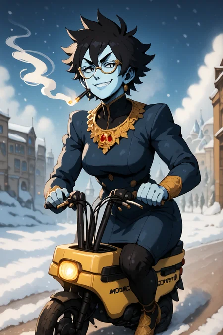 royal blue skin, black hair, spikey hair, angular gold glasses, fancy gold jewelry, smug, smoking, <lora:RD-MAnon-XLV1.1:1>, inf front of a café looking out over a artic snow field, ((motocompo)), solo, standing, behind <lora:motocompo_detailed:1.5> ground vehicle, riding motocompo, , source_anime, score_9_up, score_7_up, score_8_up