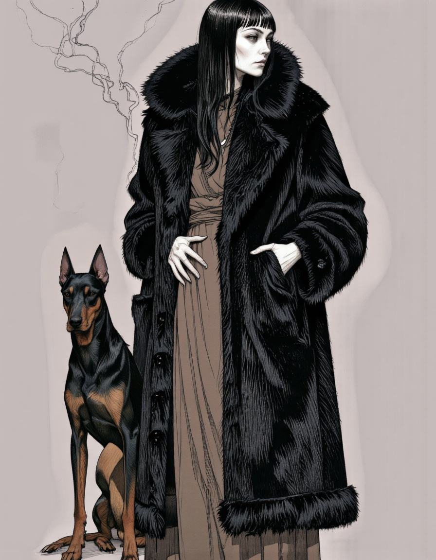 Art by Paco Gimenez. A black and white, monochrome, stylized illustration of a woman standing confidently next to a doberman dog, both dressed in luxurious fur coats. the woman, who appears to be a young adult, is standing in the middle of the image, with her full body visible. she has long, straight black hair and is wearing a long, black fur coat with fur trim, which is draped elegantly around her body. her expression is serious, and she is holding a cigarette in her right hand, while her left hand is resting on her hip. the dog, a medium-sized breed with a black and tan coat, stands beside her, looking directly at the viewer. the background is a plain, light grey color, and the overall style is bold and striking, with a focus on the woman's curves and the dog's presence in the image.