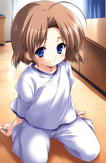score_9, score_8_up, score_7_up, source_anime, rating_explicit, BREAK <lora:Shiki_Akimi_Ver2.0_XL:1> ShikiAkimi, brown hair, blue eyes, short hair, short stack,
solo, long sleeve, long pants, smile,
room, flooring, curtain,