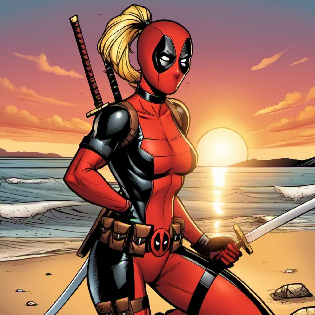 comic full body portrait lady deadpool, ponytail, blond hair, body suit, holds swords on the beach, sunset <lora:LDP1024:0.8> . graphic illustration, comic art, graphic novel art, vibrant, highly detailed