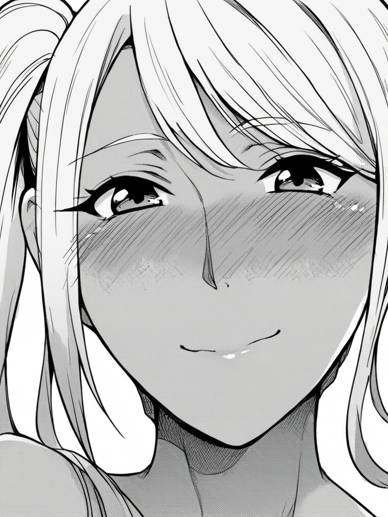 score_9, score_8_up, score_7_up,  
1girl, monochrome, tan, white hair, side ponytail, face, close-up, smile, closed mouth, looking at viewer, nose blush,

