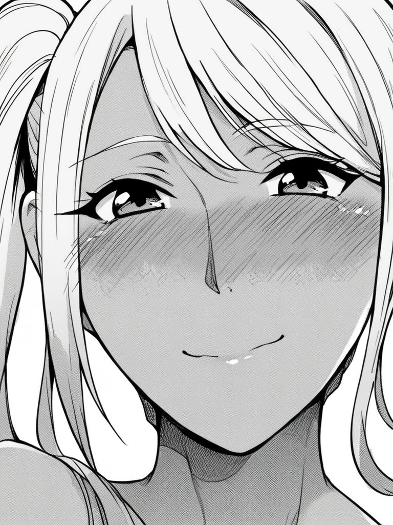 score_9, score_8_up, score_7_up,
1girl, monochrome, tan, white hair, side ponytail, face, close-up, smile, closed mouth, looking at viewer, nose blush,