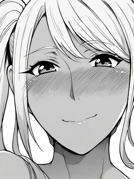 score_9, score_8_up, score_7_up,
1girl, monochrome, tan, white hair, side ponytail, face, close-up, smile, closed mouth, looking at viewer, nose blush,