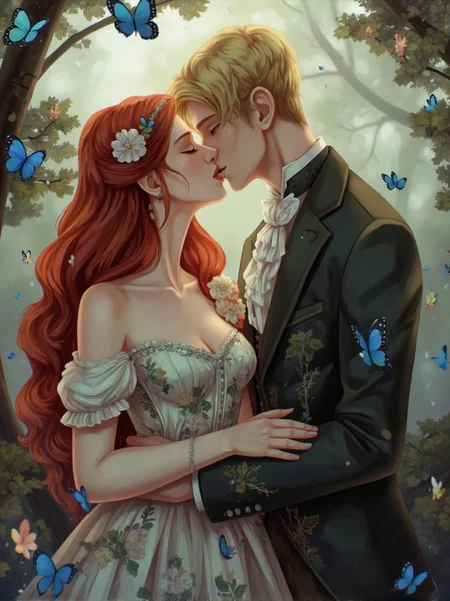 <lora:ck-LttleGhost-000011.safetensors:1> in the style of ck-lttlegh0st**
The red-haired woman and blond man share a tender kiss amidst a whimsical fog bank filled with rainbow-colored butterflies. Her porcelain skin glows, while her fiery tresses frame delicate features. They're dressed in intricate, Victorian-inspired attire with ornate floral patterns, gowns and waistcoats that seem to shimmer and glow in the soft, mystical light.