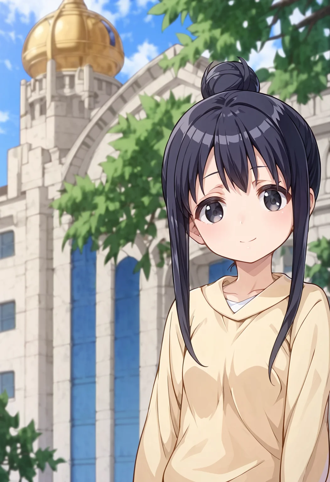 score_9, score_8_up, score_7_up, source_anime,  <lora:lowres_concept_ponyXL_v1:-0.3>
BREAK,
<lora:annaka_moe_PonyXL_v1-000015:1> annaka moe, single hair bun, long hair, black hair, black eyes, 
1girl, solo, 
Joyful,
,
head_tilt standing 
transparency yellow tube_top amber __bottoms__ , 
face to tiptoe, looking back, on back, Palace bokeh, depth of field,
