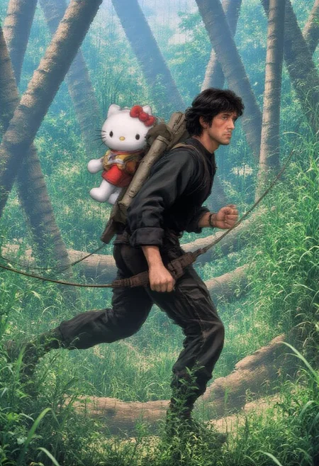 anime style, rambo, John Rambo, holds a Hello Kitty backpack, running in jungle,