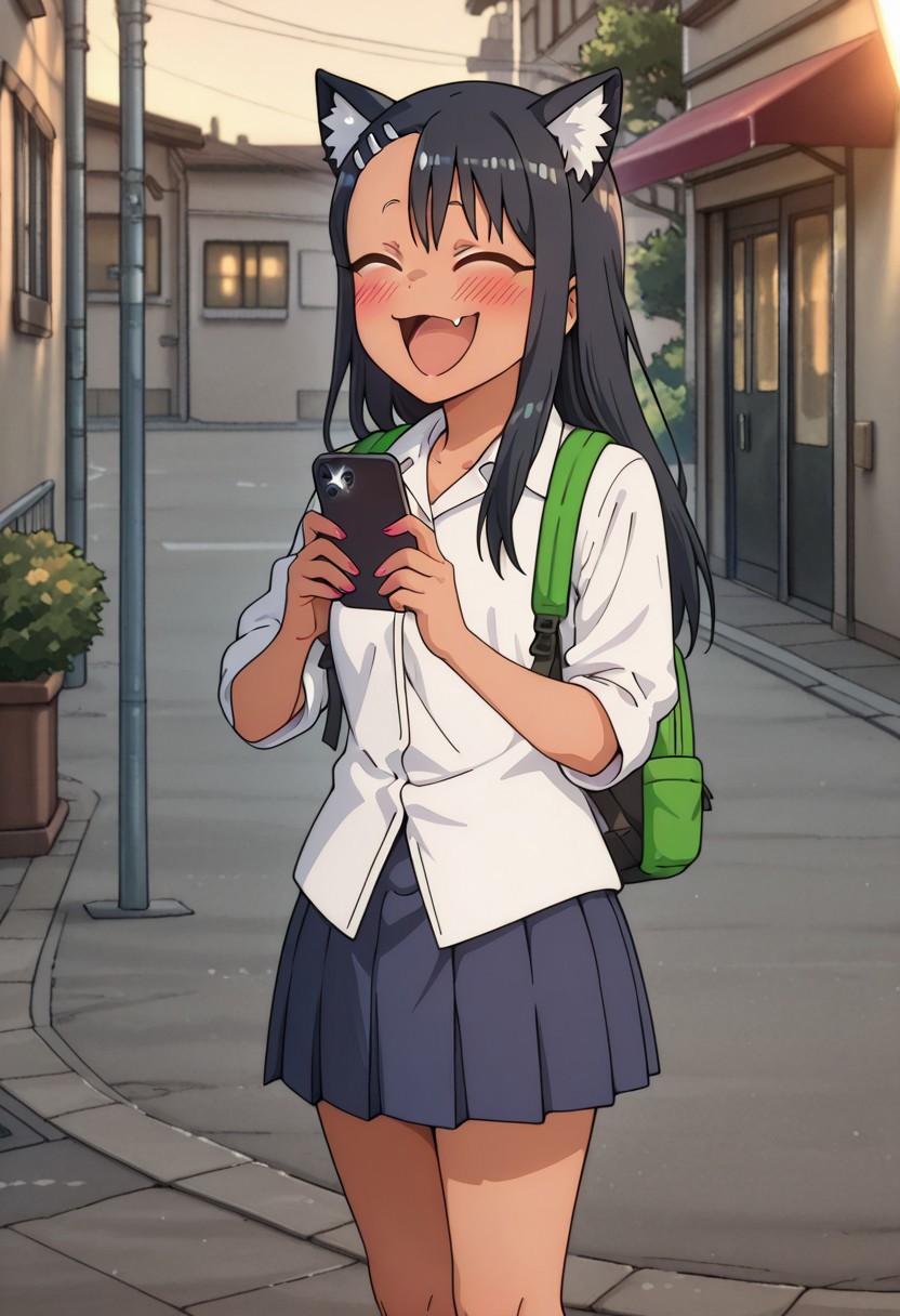 1girl, solo, best quality, newest, very aesthetic, scenery, volumetric lighting, masterpiece, Nagatoro_Hayase, cute, white shirt, black skirt, mesugaki, blush, smug, laughing, excited, arrogant, <lora:NTR_MIX_4.0_LORA:0.5>, IllustriousQual
girl talking on smartphone, smartphone in pink case with cat ears, white shirt, blue pleated skirt, green backpack, girl laughing, street in background, beautiful face, funny moments