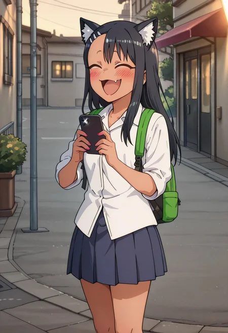 1girl, solo, best quality, newest, very aesthetic, scenery, volumetric lighting, masterpiece, Nagatoro_Hayase, cute, white shirt, black skirt, mesugaki, blush, smug, laughing, excited, arrogant, <lora:NTR_MIX_4.0_LORA:0.5>, IllustriousQual
girl talking on smartphone, smartphone in pink case with cat ears, white shirt, blue pleated skirt, green backpack, girl laughing, street in background, beautiful face, funny moments